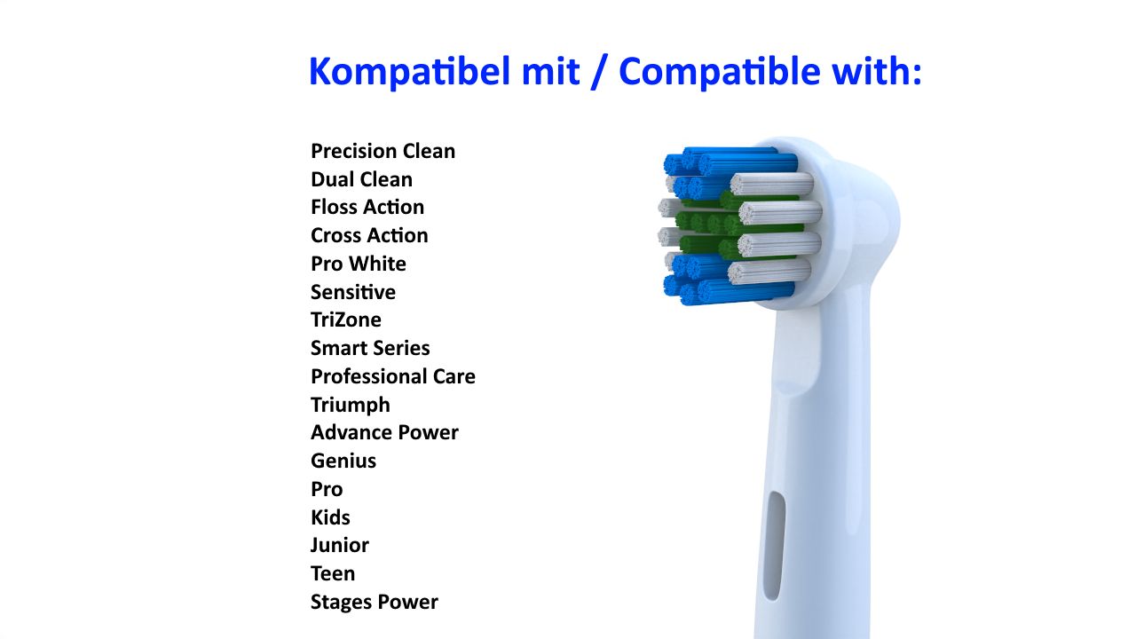 Tandenborstelkop met blauwe, groene en witte borstelharen. Compatibel met Oral-B modellen. Tekst: Compatibel met...