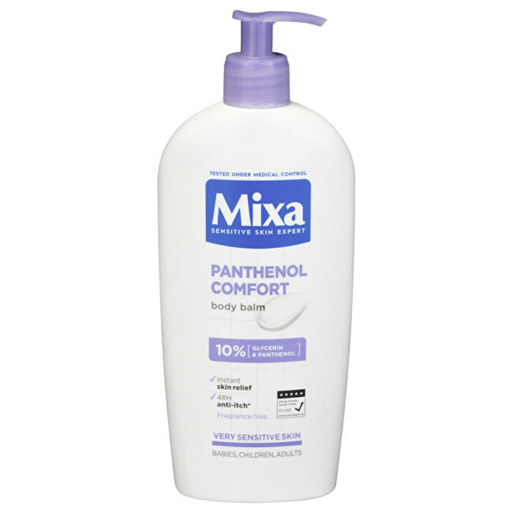 Flacon blanc avec pompe violette. Inscription: Mixa, Panthenol Comfort, baume corporel. Pour peaux très sensibles.