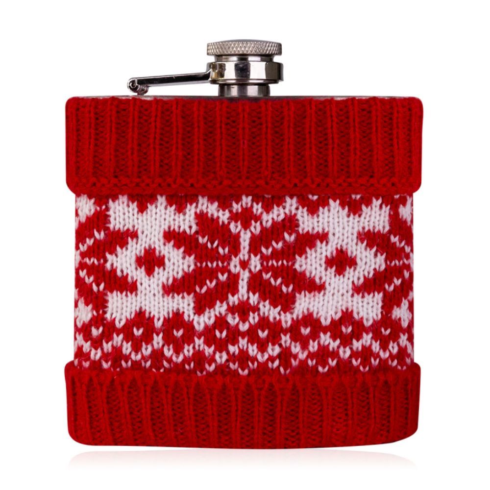 Flasque rouge avec motif flocon de neige blanc. Flasque en tricot rouge. Fermeture métallique.