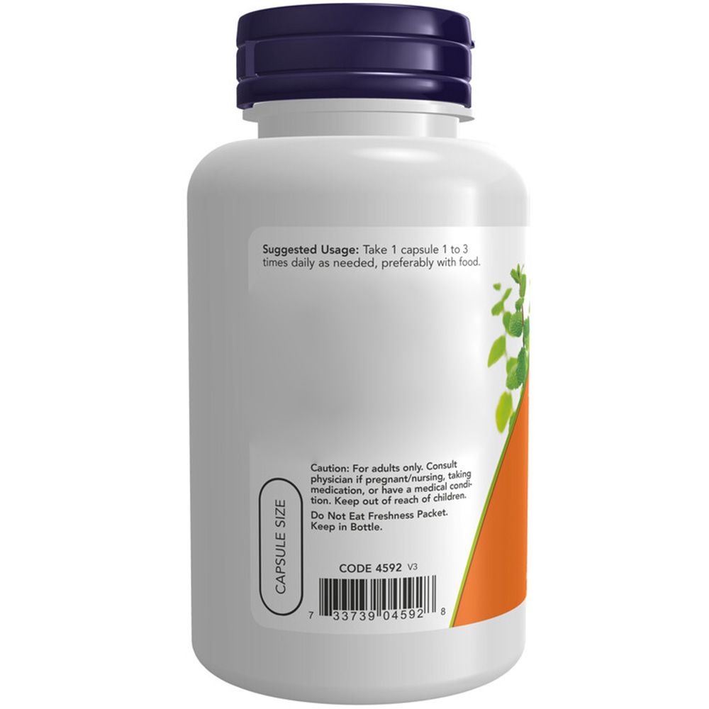 Achterkant van de witte fles. Oranje etiket met gebruiksaanwijzing en waarschuwingen. Opschrift: Capsule Size, Code 4592 V1.
