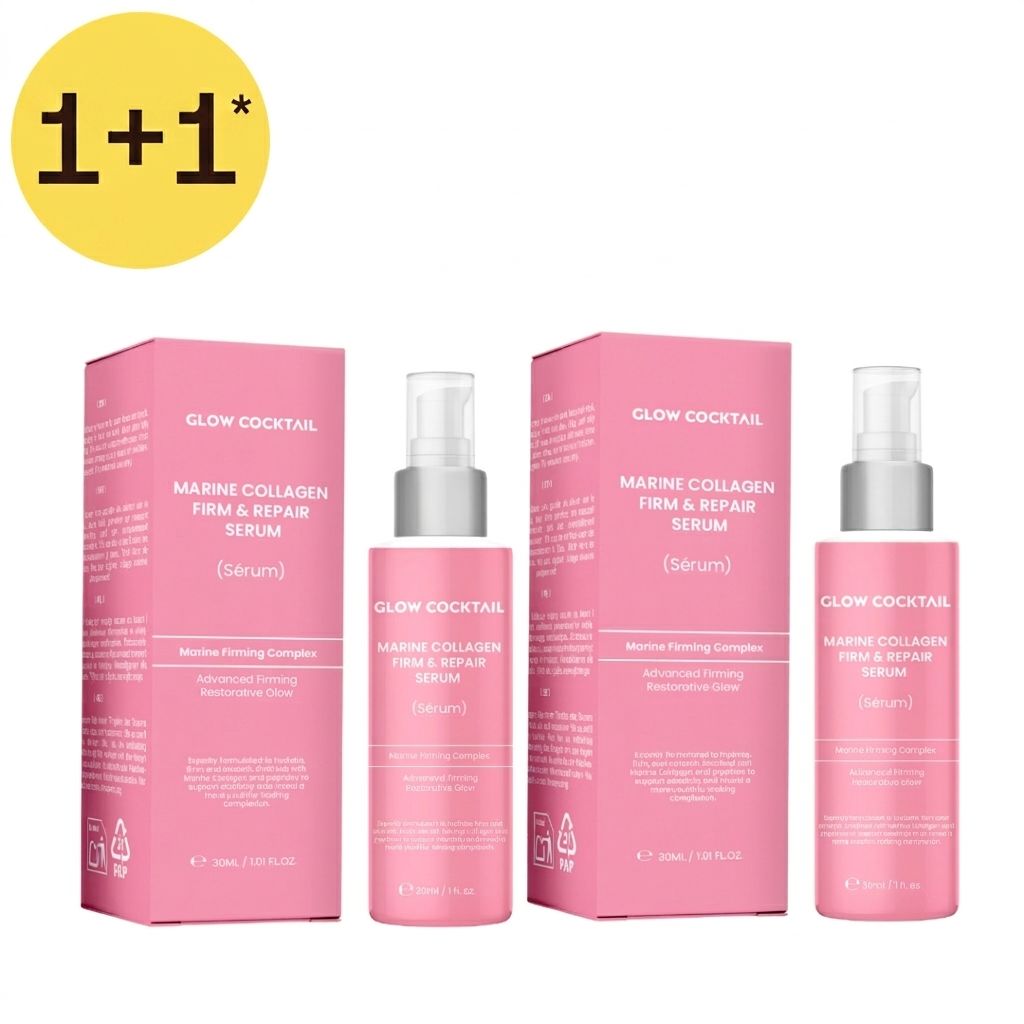 Twee roze flessen Glow Cocktail Marine Collagen Firm & Repair Serum, 50ml.
