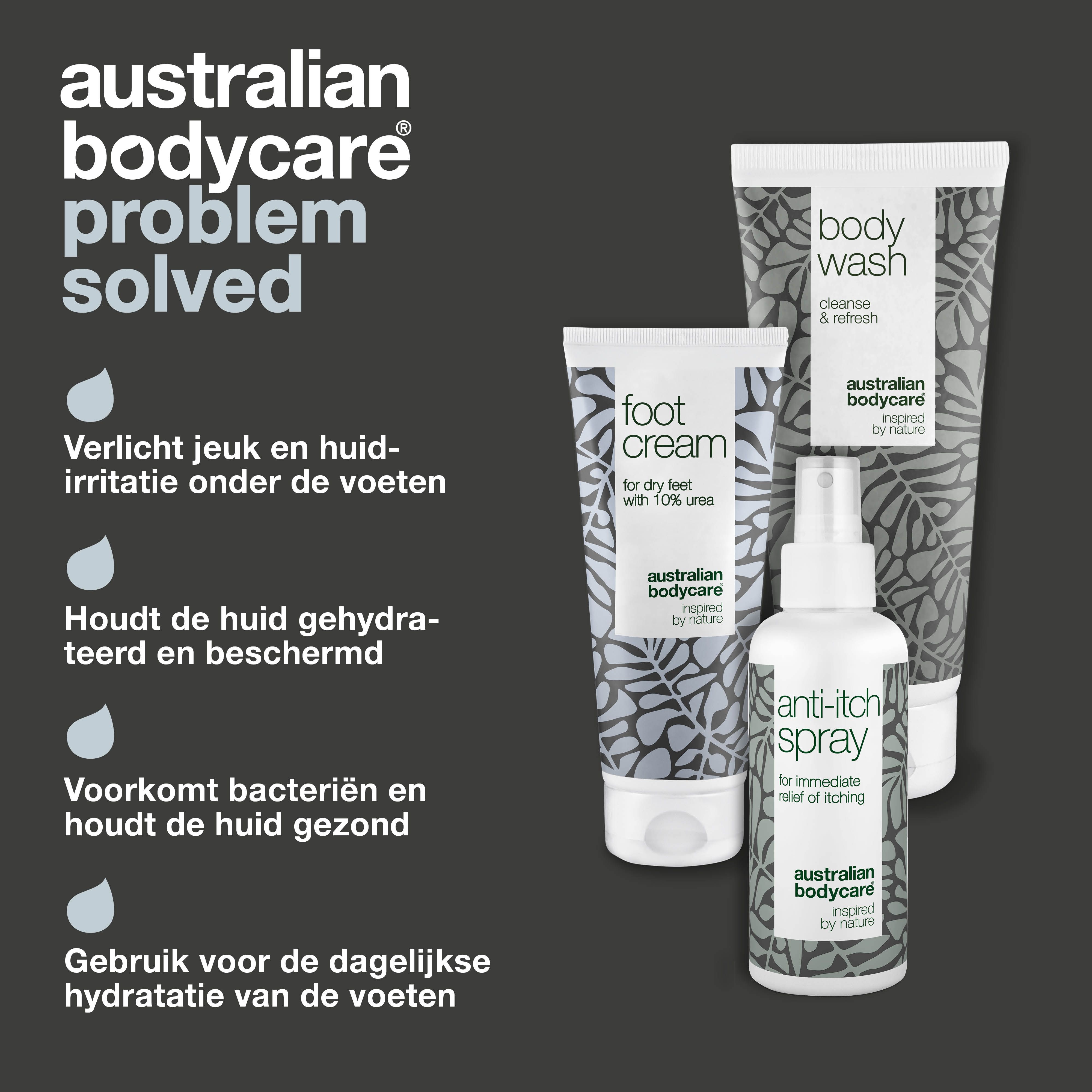 Drie producten: body wash, voetcrème, anti-jeuk spray. Tekst: Australian Bodycare, probleem opgelost.