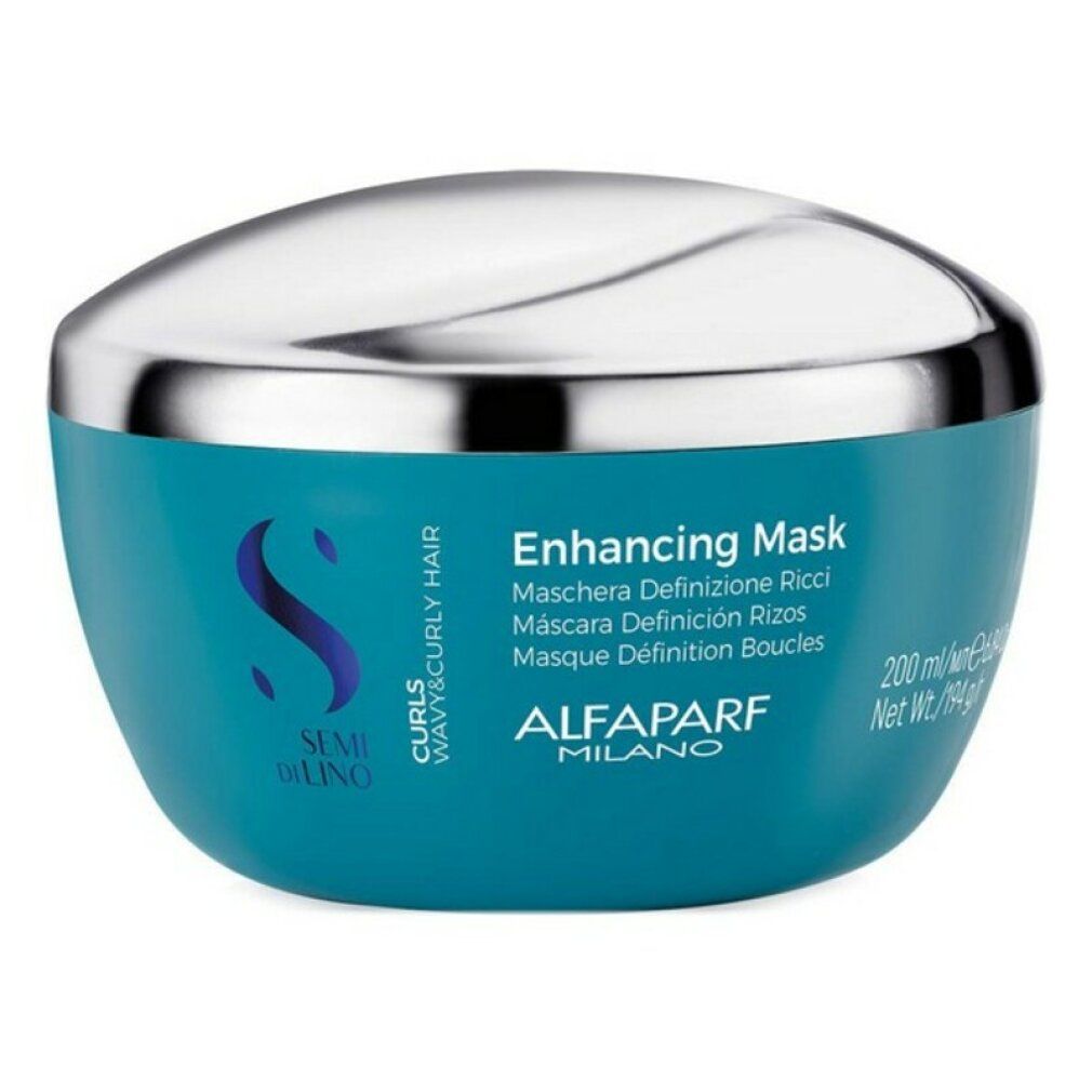 Pot bleu et argenté avec couvercle. Inscription : Alfaparf Milano, Semi Di Lino, Enhancing Mask.