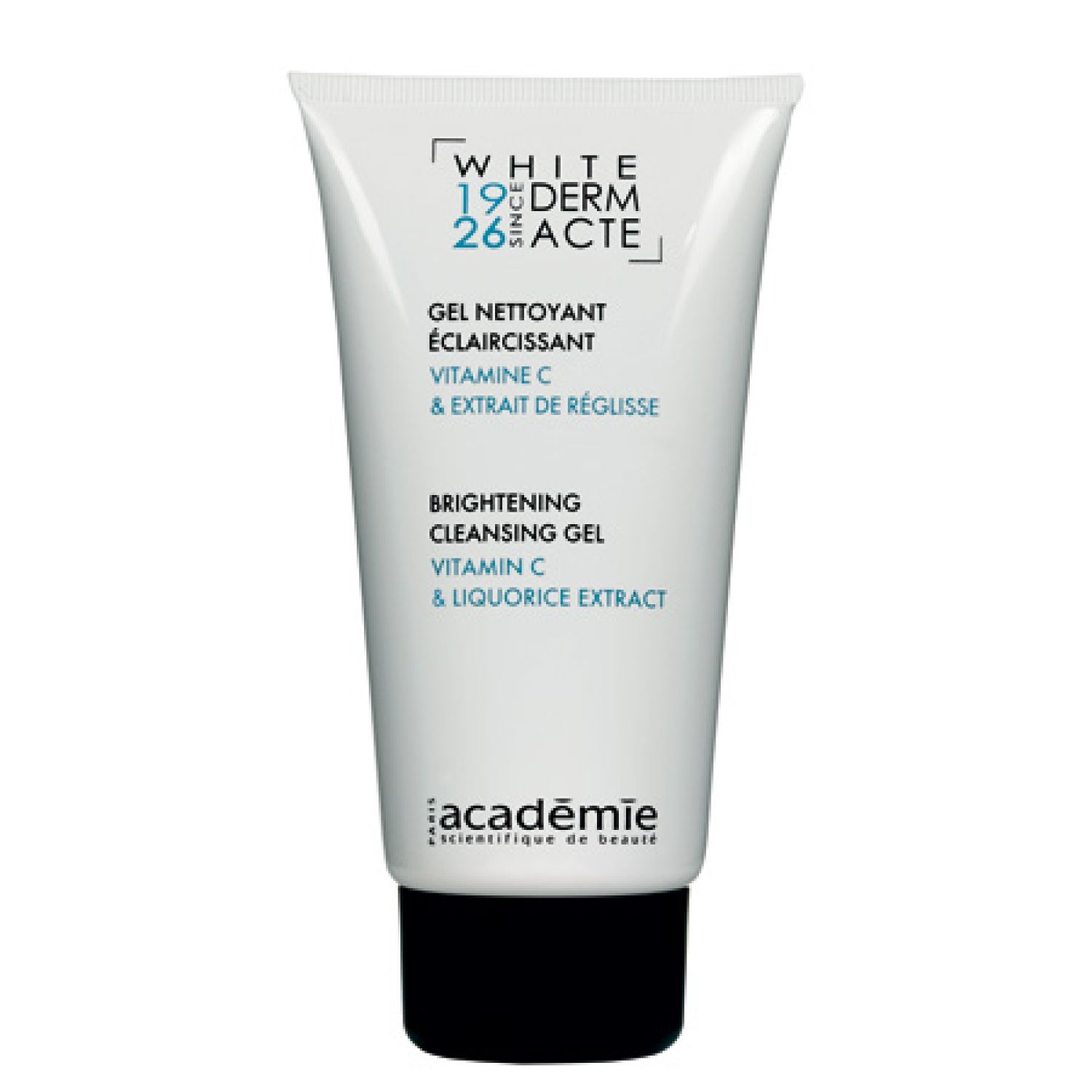 Tube blanc avec bouchon noir. Texte: Académie, Gel Nettoyant Eclaircissant, Vitamine C. Texte anglais: Brightening Cleansing Gel.