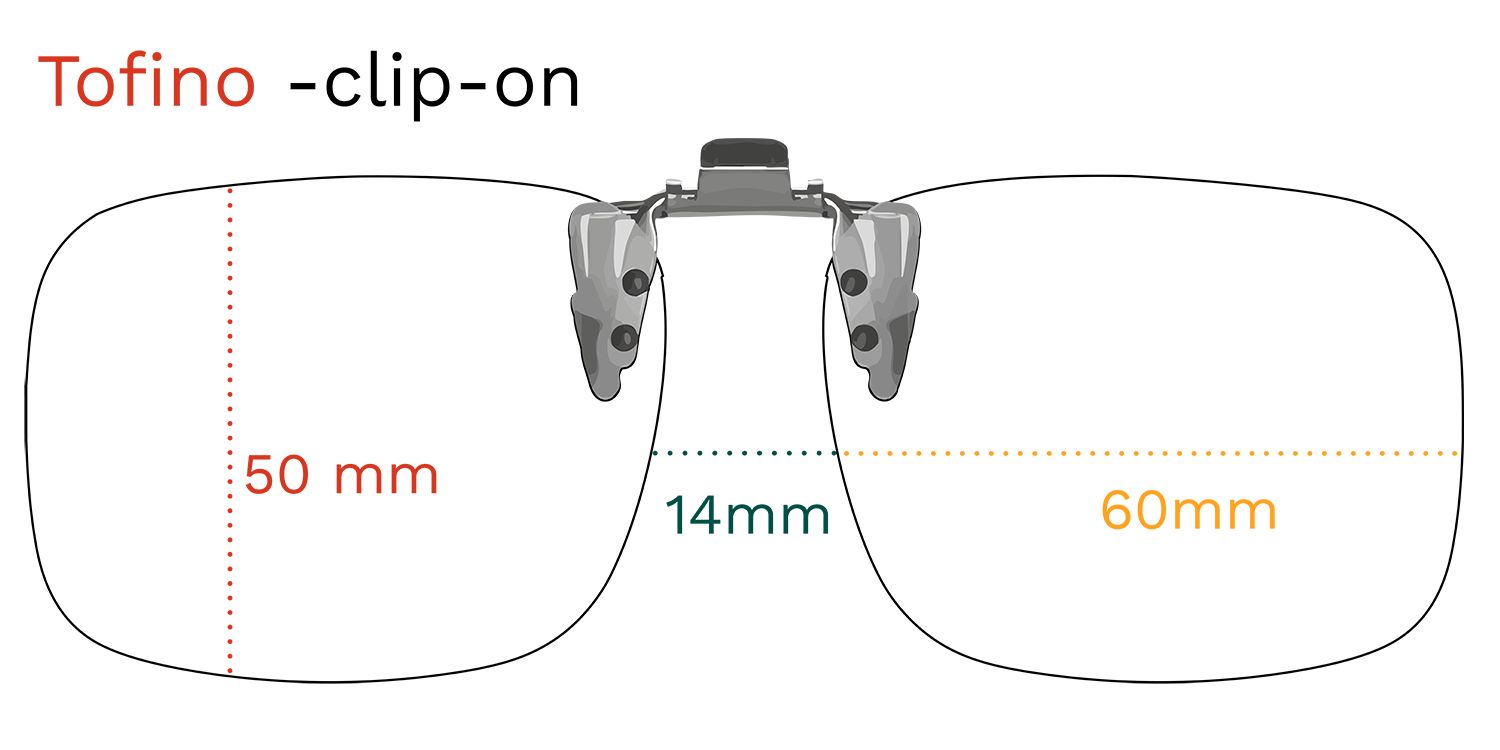 Lunettes de soleil clip-on avec dimensions : 50mm, 14mm, 60mm. Texte : Tofino -clip-on.