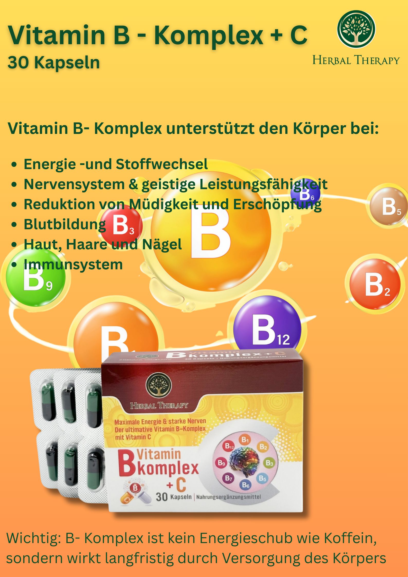 Image promotionnelle pour Herbal Therapy Vitamin B-Komplex + C. Produit, gélules, schémas, texte sur les bienfaits et ingrédients.