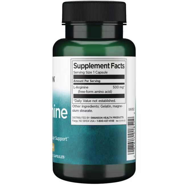 Achterkant van de groene fles. Etiket met voedingswaarde: L-Arginine 500 mg. Overige ingrediënten: gelatine, magnesiumstearaat.