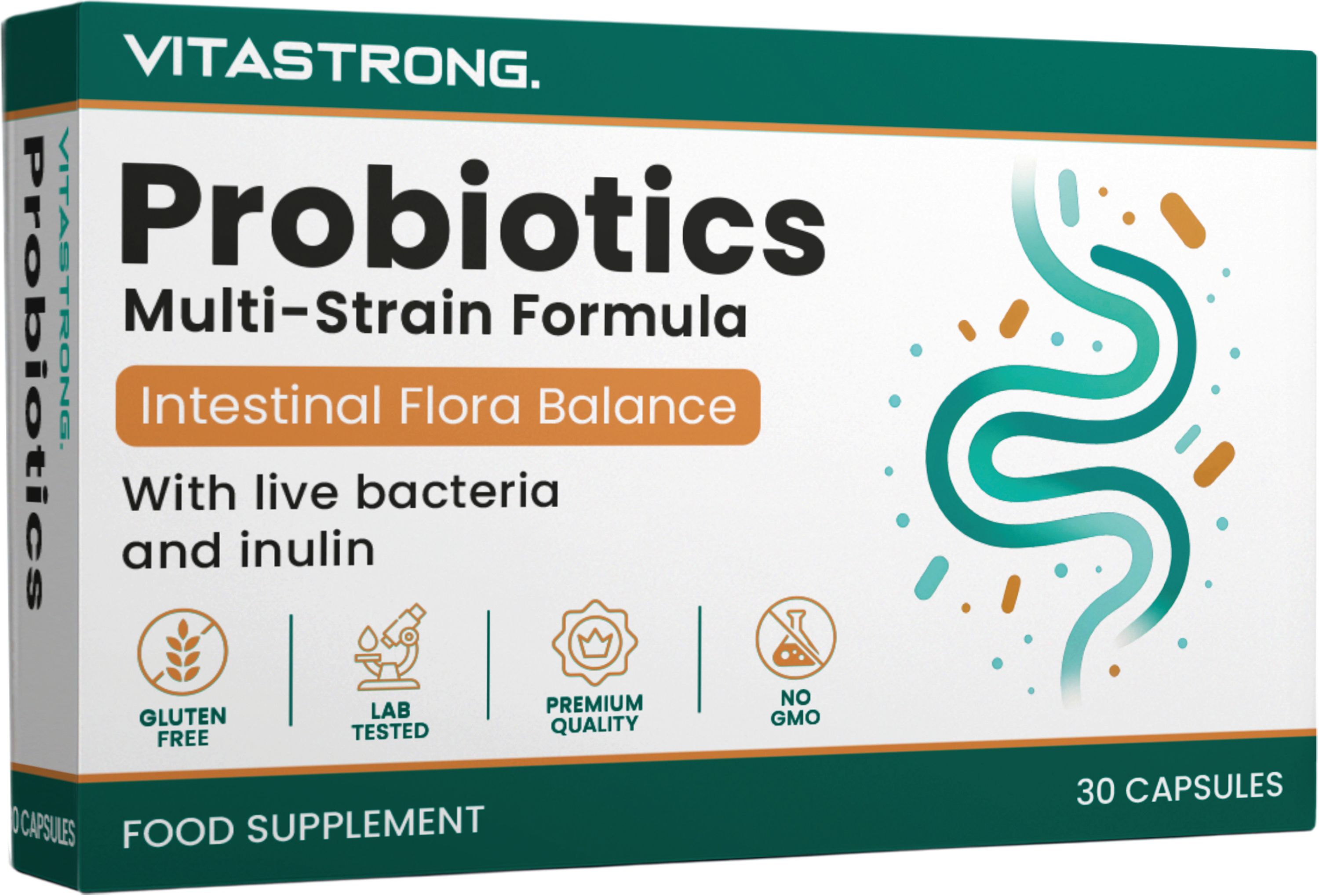 Vitastrong Probiotica doos 30 capsules, darmflora balans, glutenvrij, lab getest.