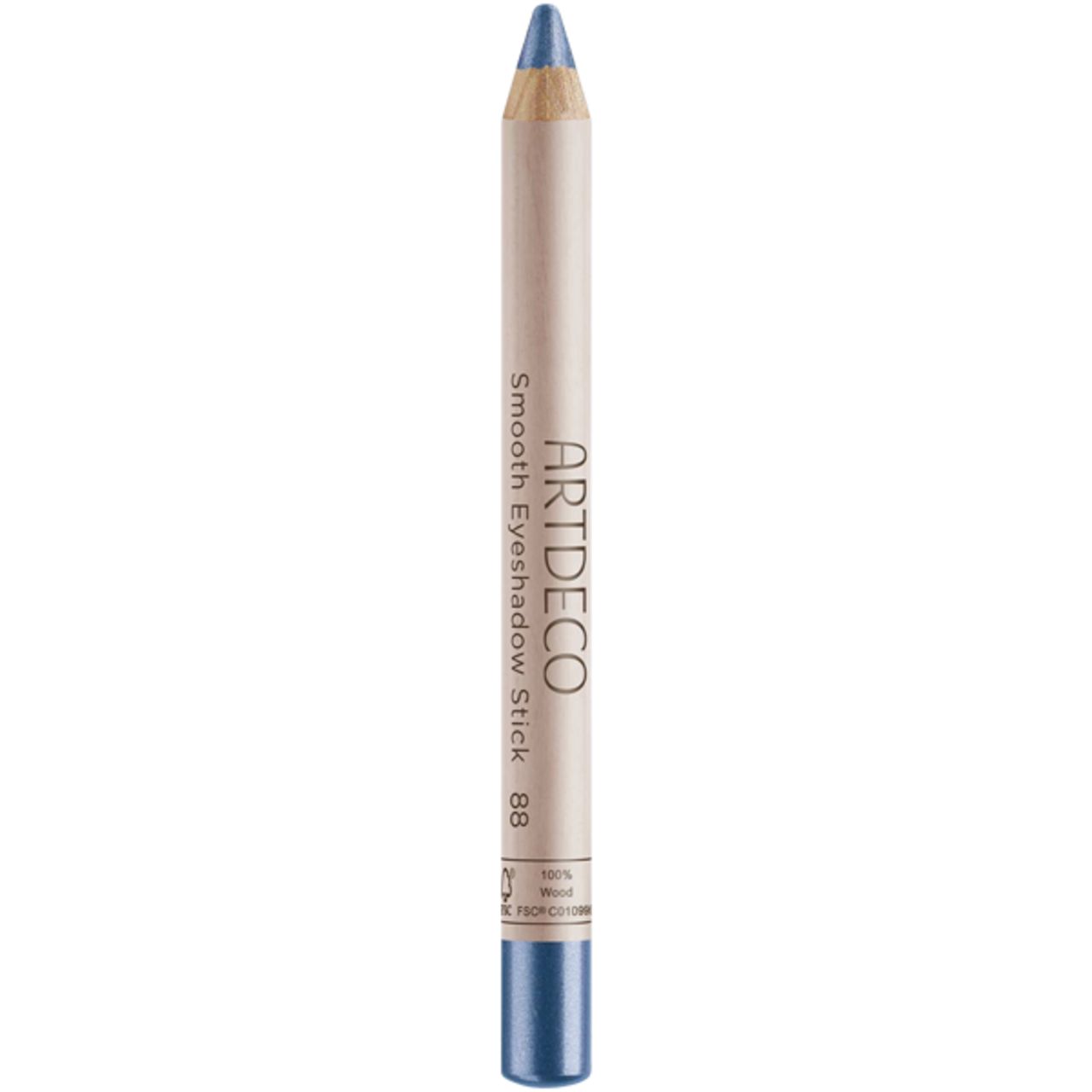 Blauwe Artdeco Smooth Eyeshadow Stick. Houten potlood met productnaam en kleurnummer 88. Punt en onderkant blauw.