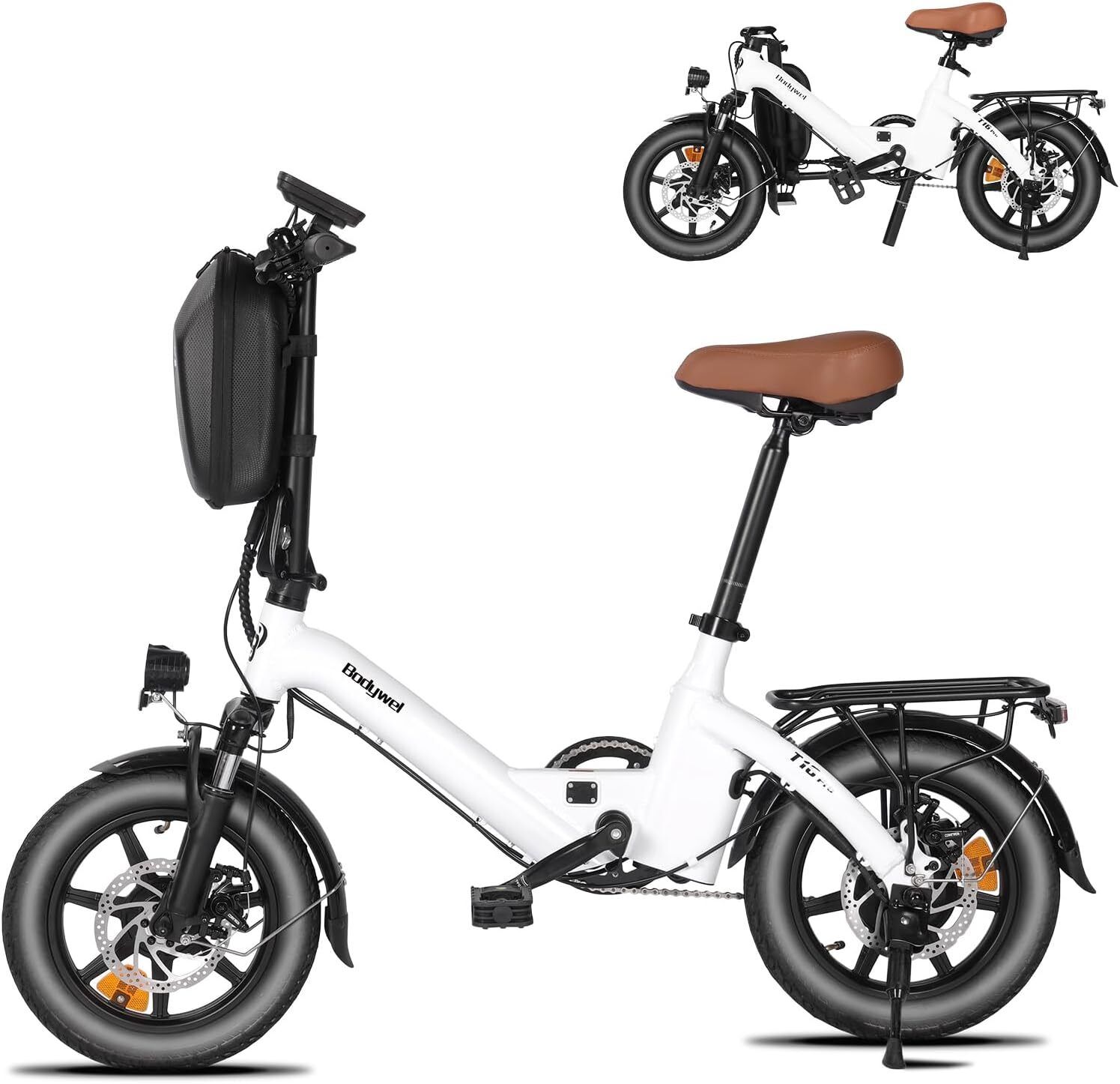 Vélo électrique pliable blanc, selle marron, pneus noirs, porte-bagages. Image supplémentaire en haut à droite. Bodywel T16 Pro.
