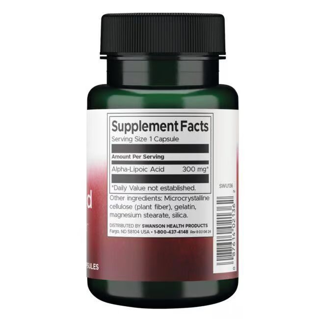 Dos du flacon vert. Étiquette "Supplement Facts". Contient de l'acide alpha-lipoïque, 300 mg. Ingrédients.