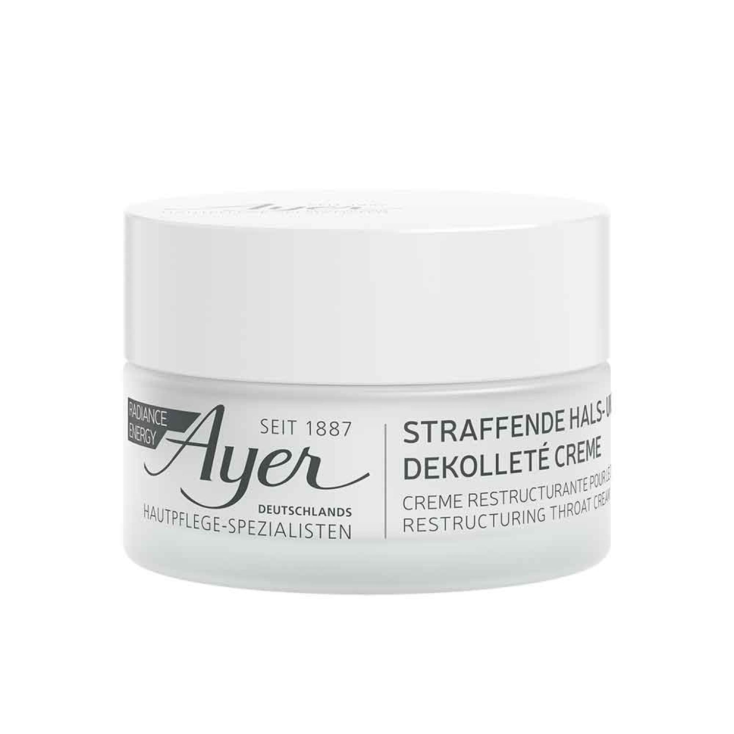 Witte pot met opschrift: Ayer, Straffende Hals- & Dekolleté Creme. Productnaam en merklogo duidelijk zichtbaar.