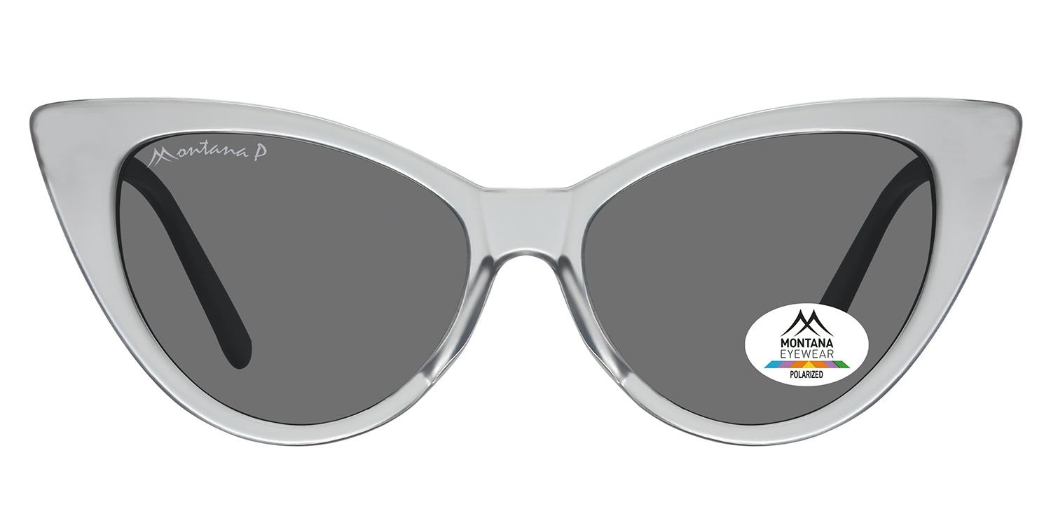 Lunettes de soleil grises en forme d'œil de chat. Logo Montana Eyewear et autocollant de polarisation sur le verre. Branches noires.