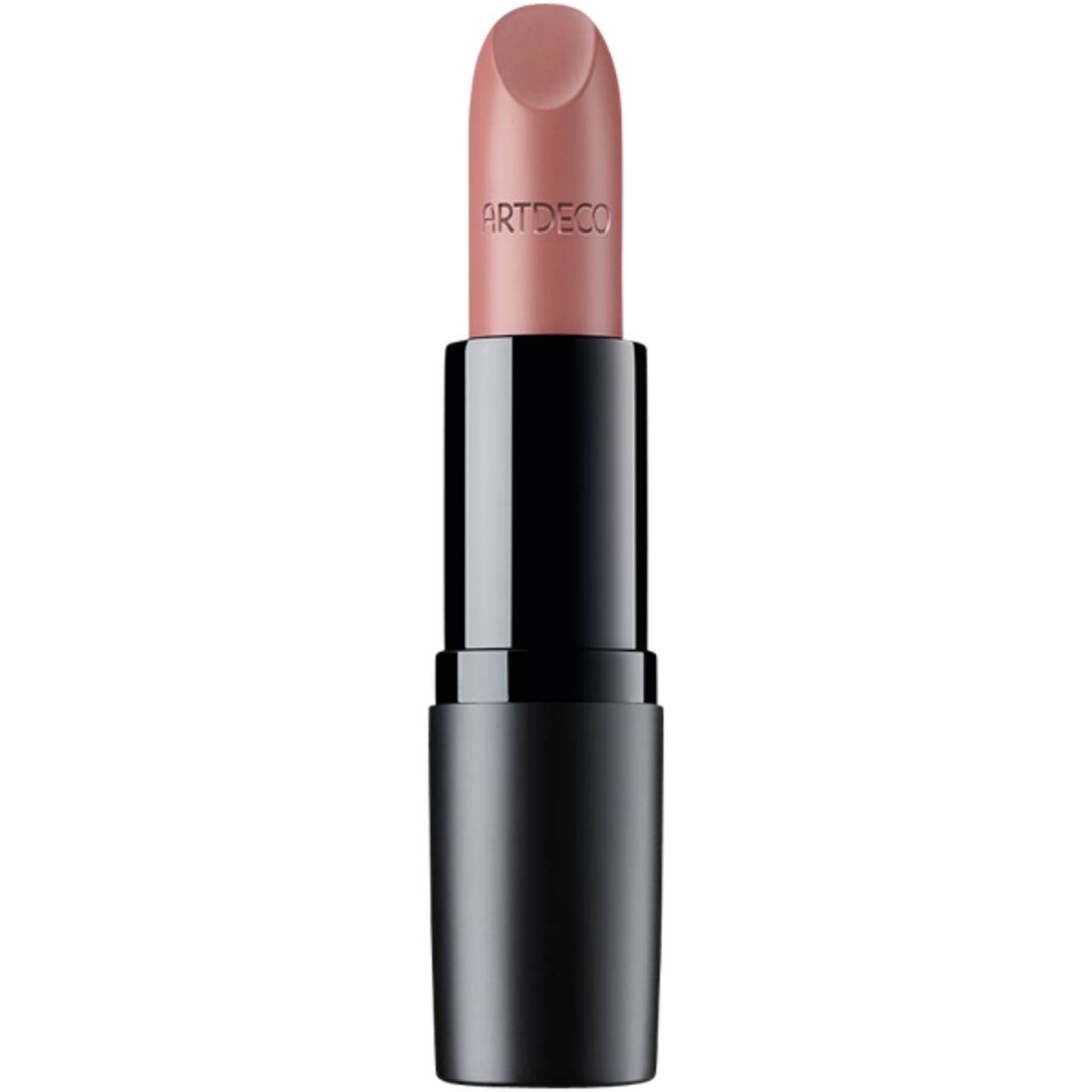 Lichtroze lipstick in een zwarte huls. Het woord ARTDECO is zichtbaar op de lipstick.