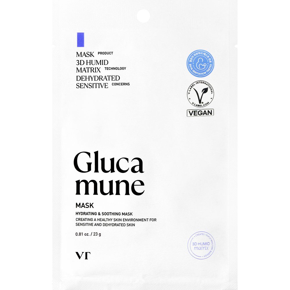 Verpakking van het Glucamune Mask. Witte zak met productnaam, ingrediënten en logo. Vegan certificering.