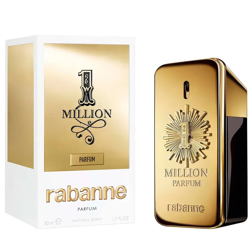 Flacon et emballage dorés. Inscription: 1 Million Parfum. Marque: Rabanne. Emballage: blanc avec or.