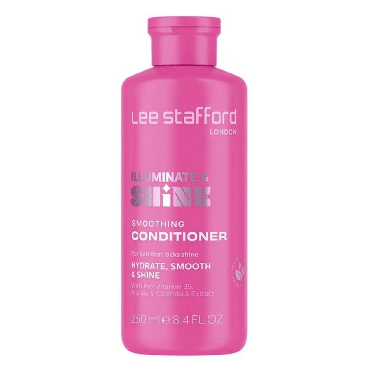 Un flacon rose de Lee Stafford Illuminate & Shine Smoothing Conditioner.
