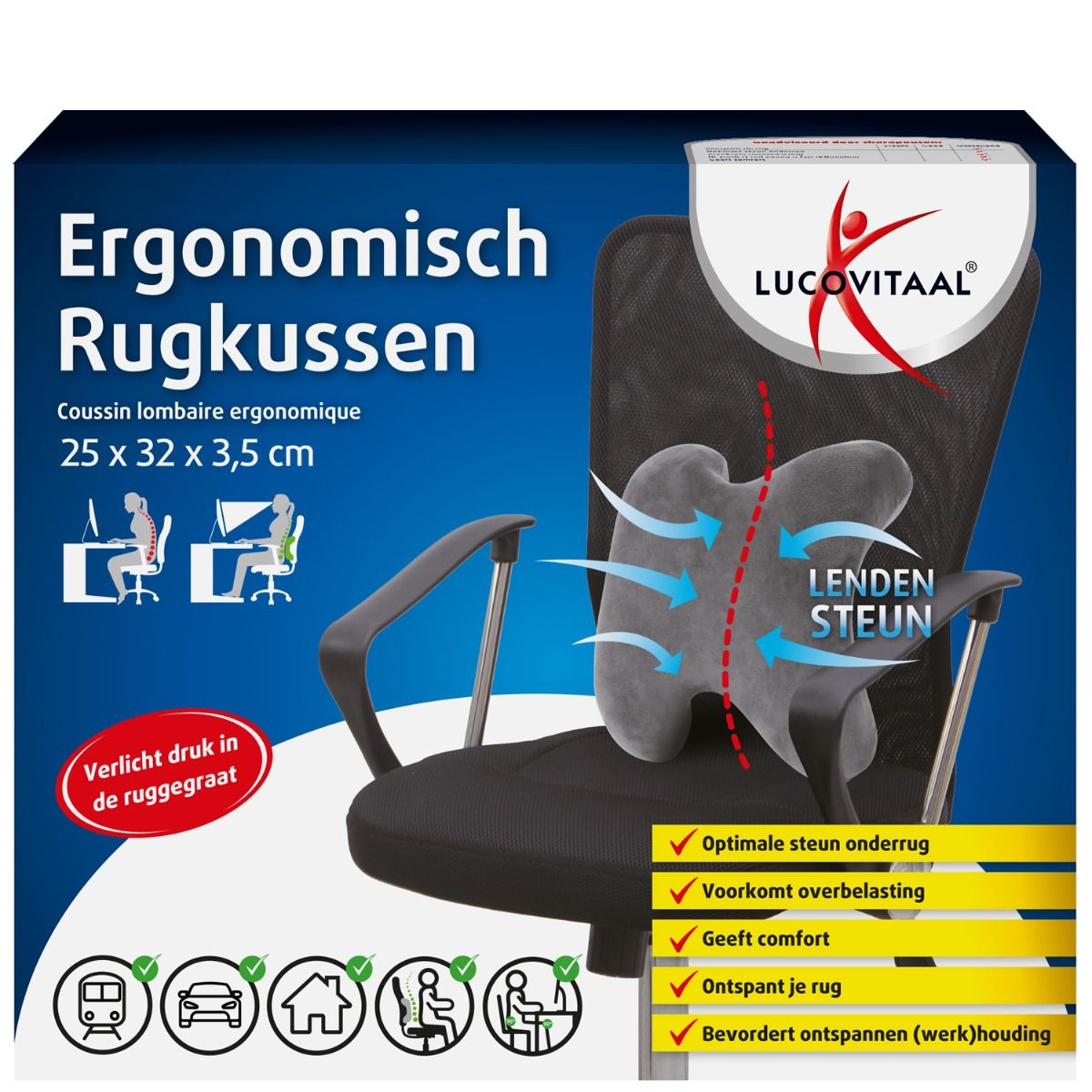 Ergonomisch rugkussen op bureaustoel. Grijs kussen met rode lijn en pijlen. Verpakking met logo en tekst.