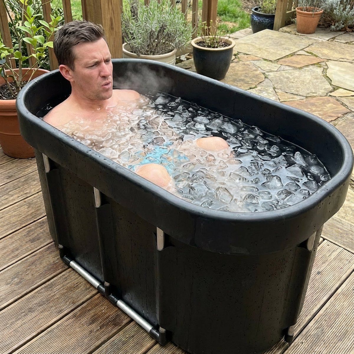 Bain de glace noir rectangulaire avec homme. Bain rempli de glaçons. Homme dans le bain de glace. Sur terrasse en bois.