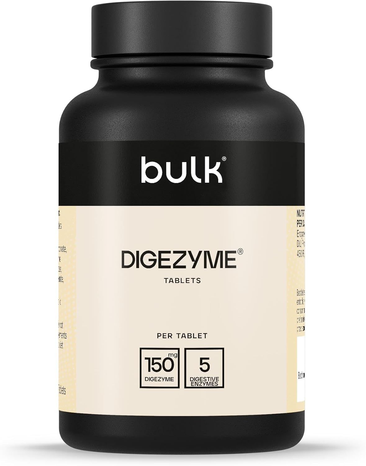 Flacon noir avec étiquette blanche. Logo "bulk", texte "DIGEZYME® TABLETS" et "150 mg".