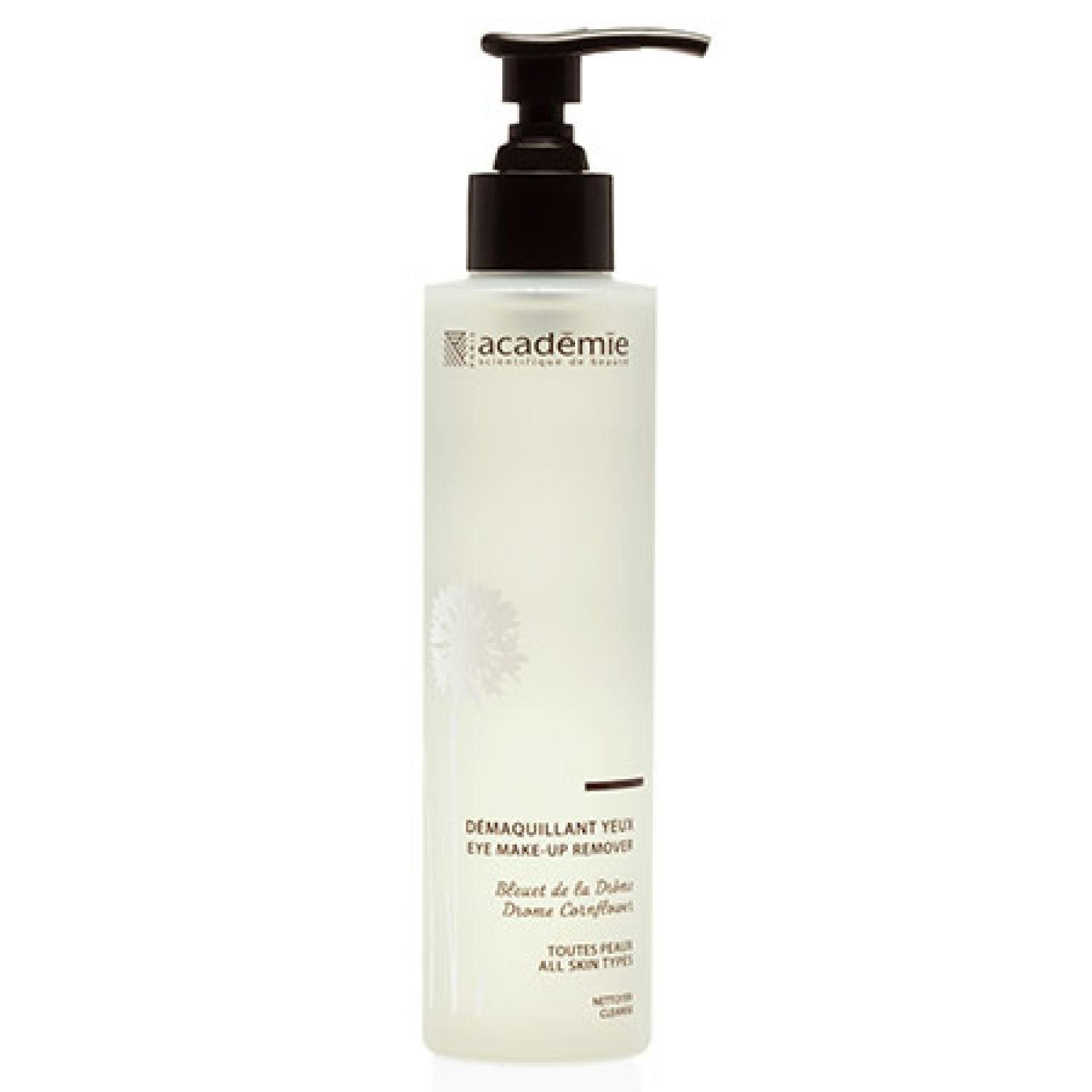 Flacon transparent avec pompe noire. Inscription: Academie, Demaquillant Yeux, Eye Make-up Remover. Pour tous types de peaux.