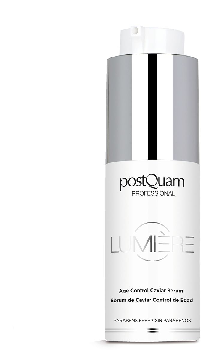 Serumfles. Opschrift: Postquam Lumière Age Control Caviar Serum. Zonder parabenen.