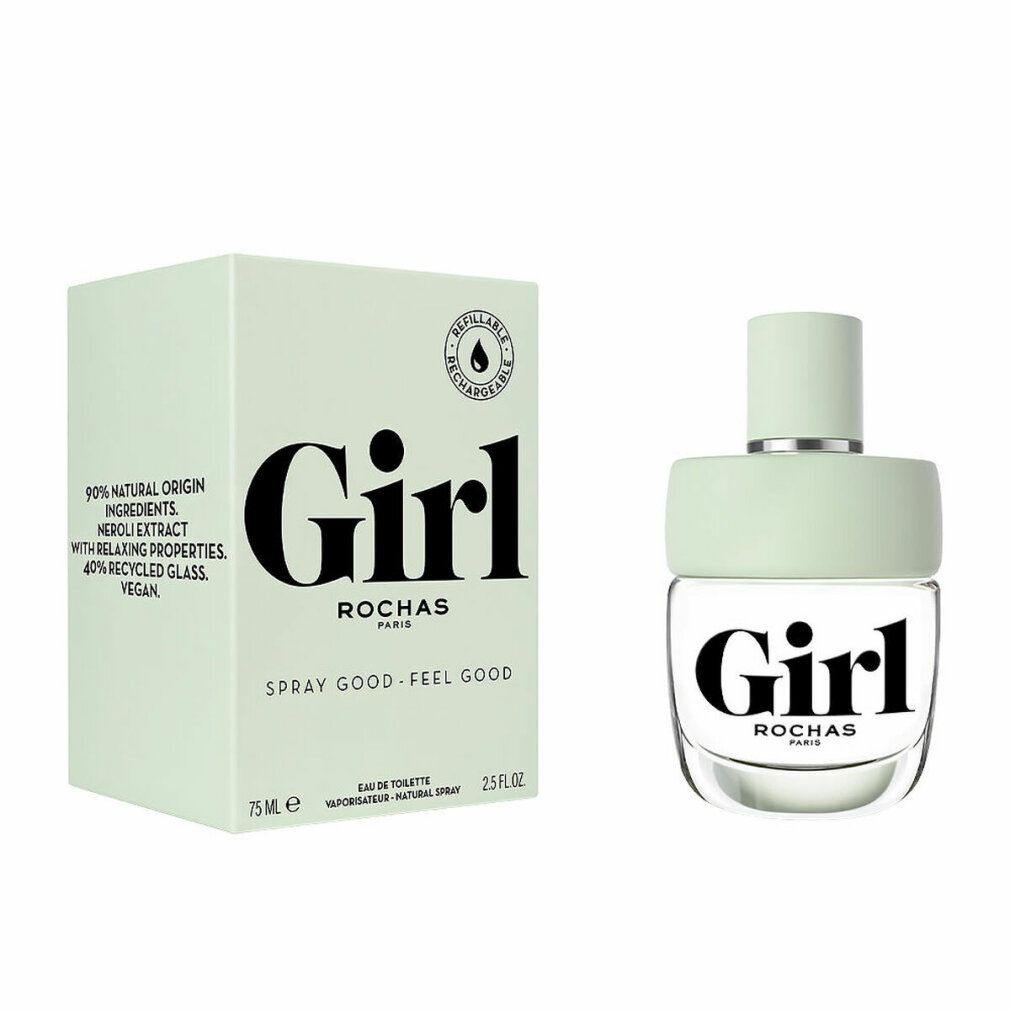 Lichtgroene doos en fles. Op de doos staat "Girl" en "Rochas Paris". Fles met lichtgroene dop. Tekst: "Spray good - feel good".