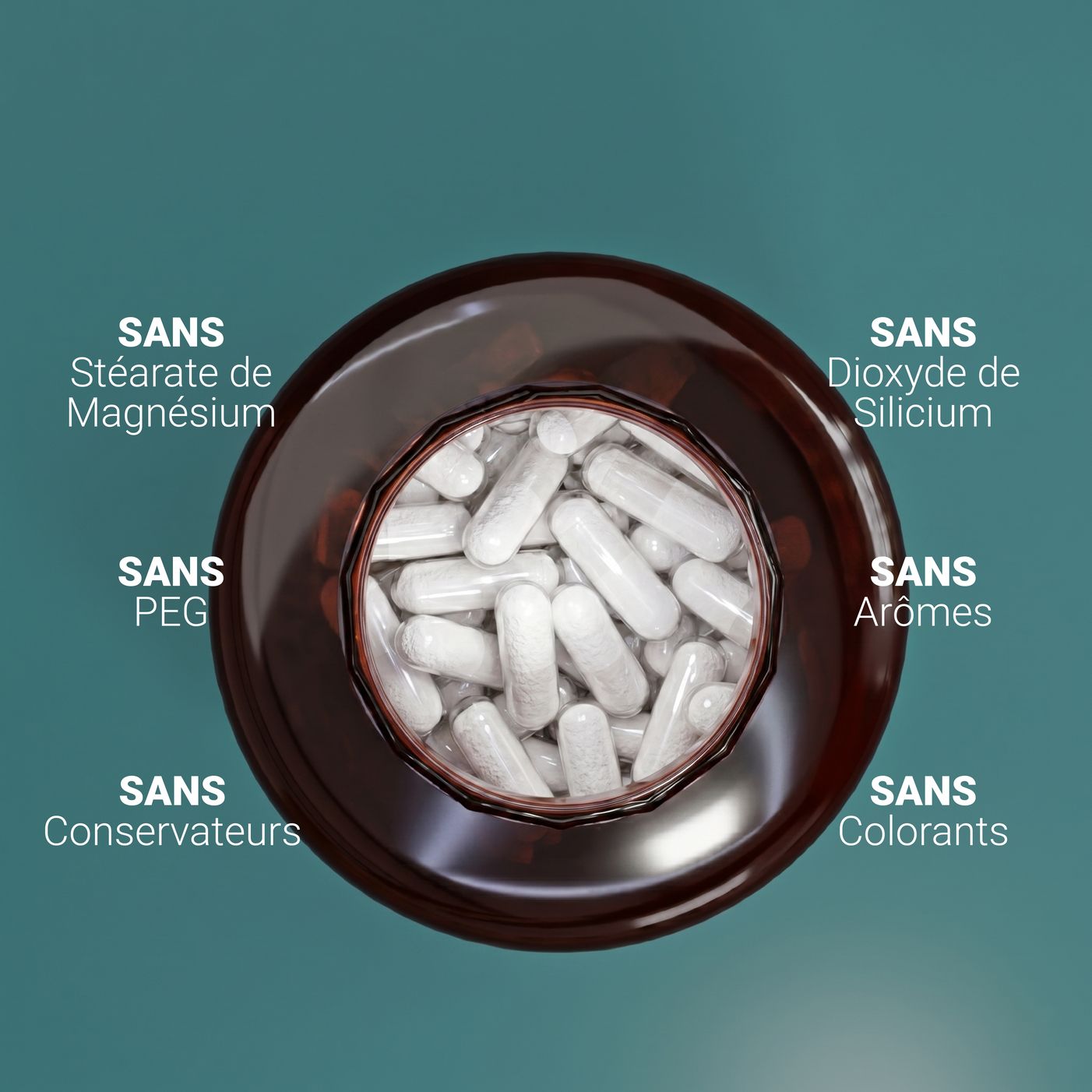 Bovenaanzicht van een fles PEA-capsules zonder magnesiumstearaat, siliciumdioxide, PEG, aroma's, conserveermiddelen of kleurstoffen.