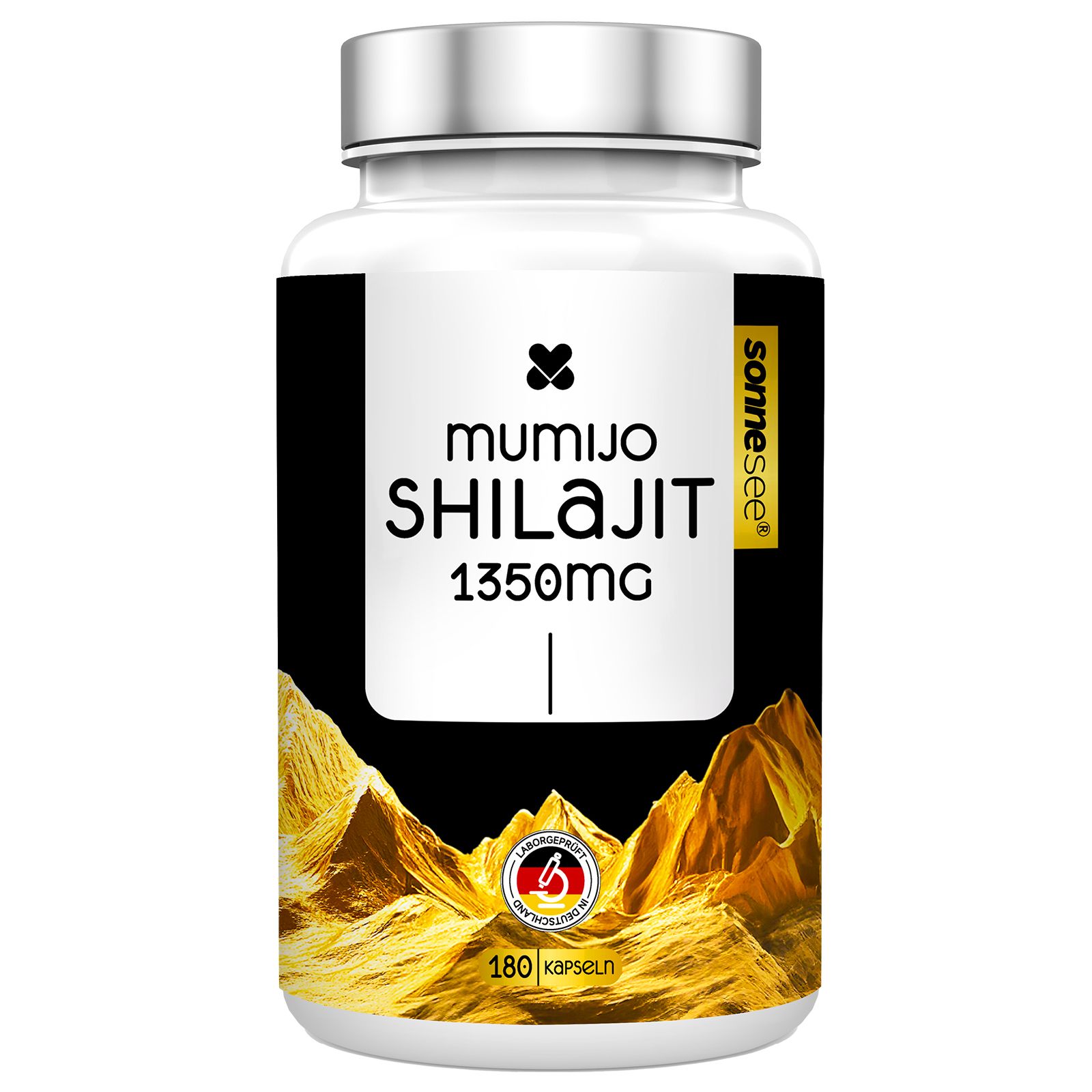 Bouteille blanche de Shilajit 1350mg, 180 gélules. Paysage de montagne doré sur l'étiquette.