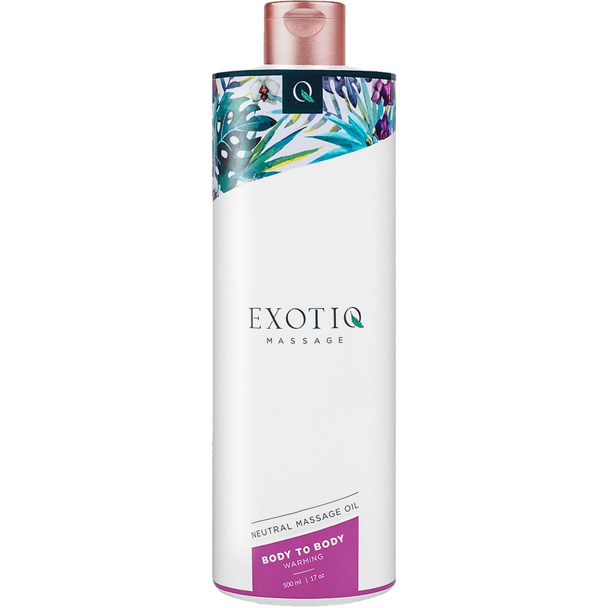 Flacon blanc avec motif floral et bouchon rose. Texte: Exotiq Massage, Neutral Massage Oil, Body to Body Warming.