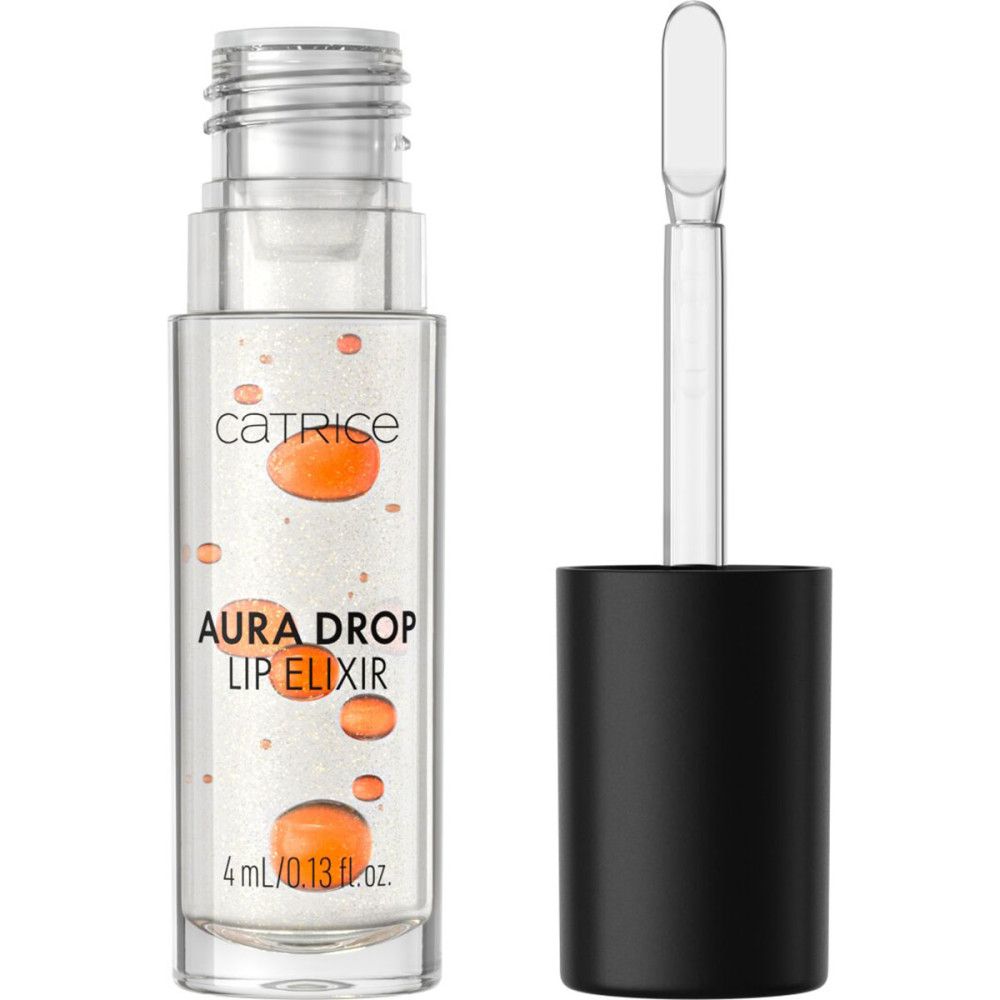 Catrice Aura Drop Lip Elixir. Transparante fles met oranje druppels. Zwarte dop en applicator.