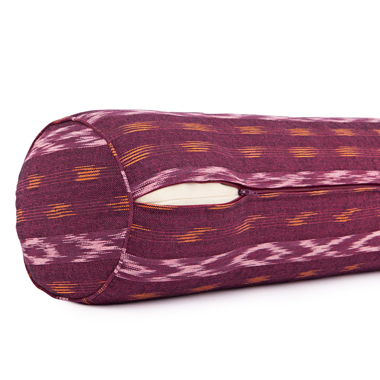 bodhi ETHNO Collectie: Yoga bolster (rond), ikat geweven stof, wijnrood