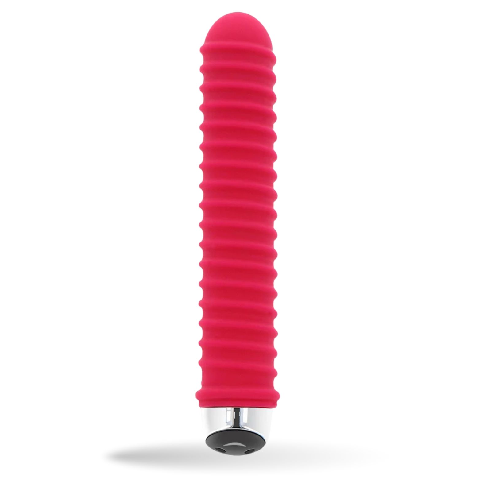 Rode vibrator met groeven. Cilindrische vorm, zilverkleurige basis.