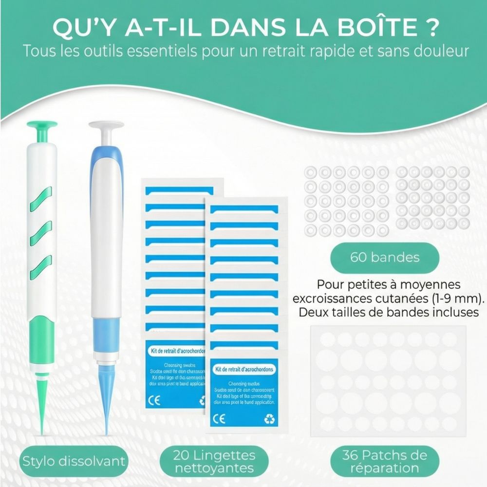 Kit avec 2 stylos, lingettes, pansements et bandes. Pour excroissances cutanées. Marquage CE.
