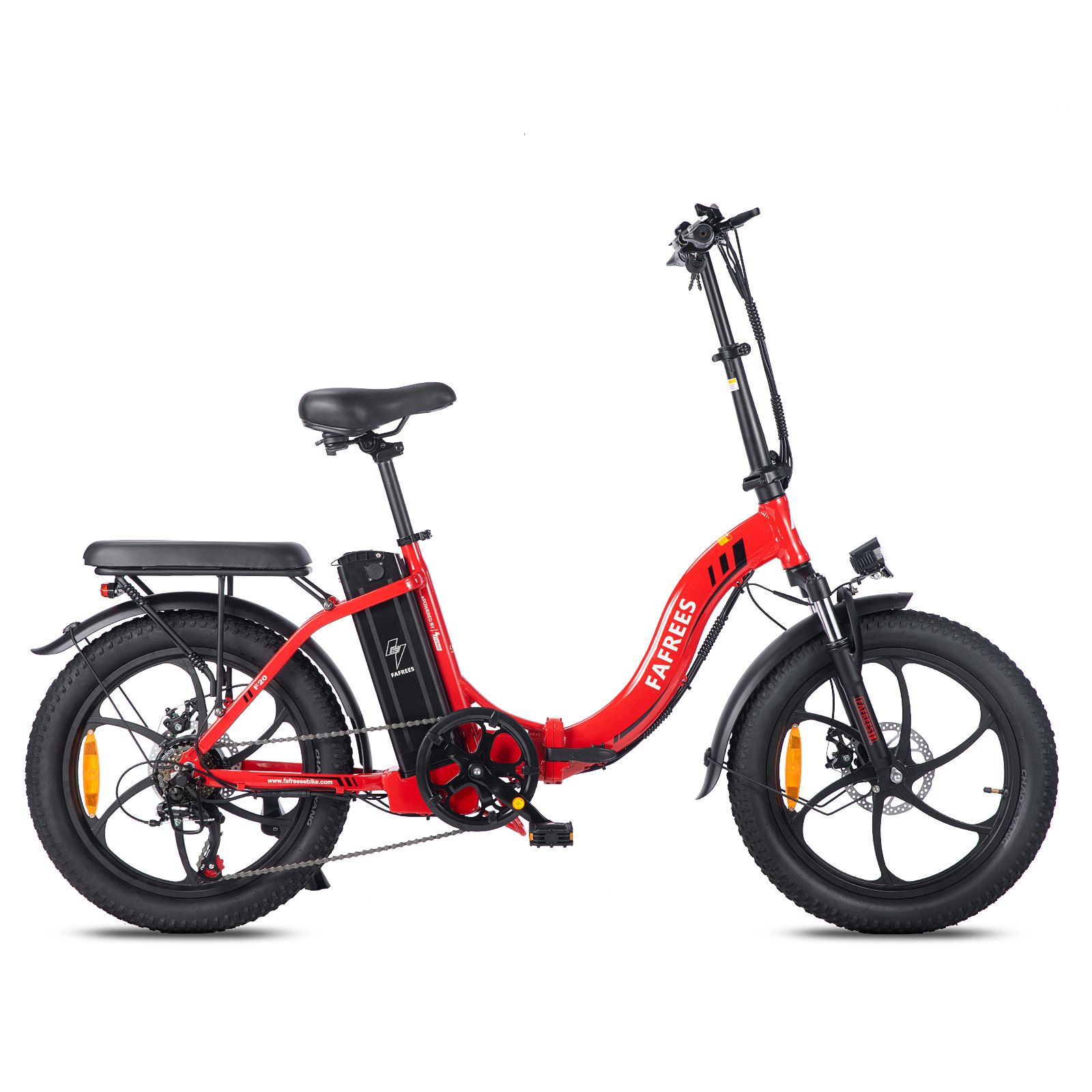 Vélo électrique pliable FAFREES F20 rouge. Pneus, selle et porte-bagages noirs. Batterie sur cadre. Éclairage et garde-boue.