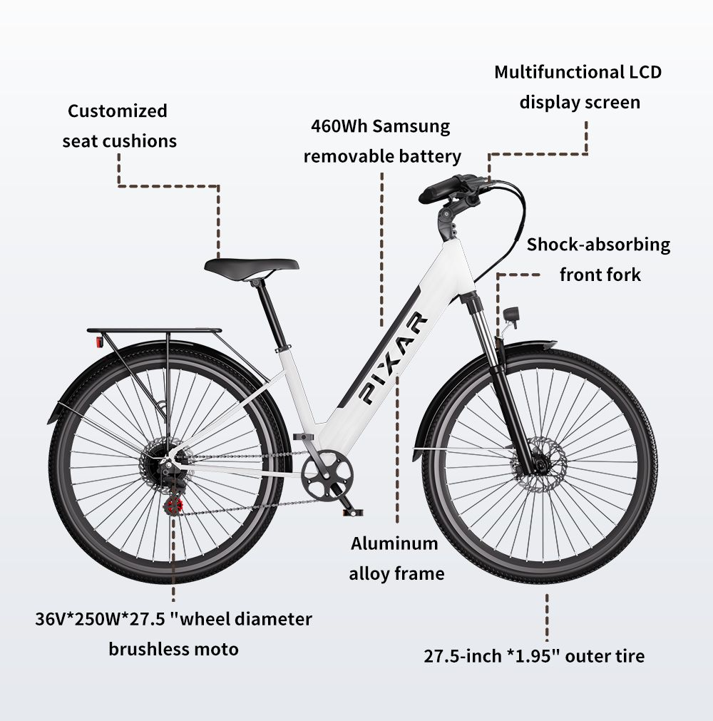 Elektrische fiets met aluminium frame, 250W motor, 36V batterij. Kenmerken: aangepaste zitkussens, LCD-scherm, voorvork, 27,5 inch wielen.