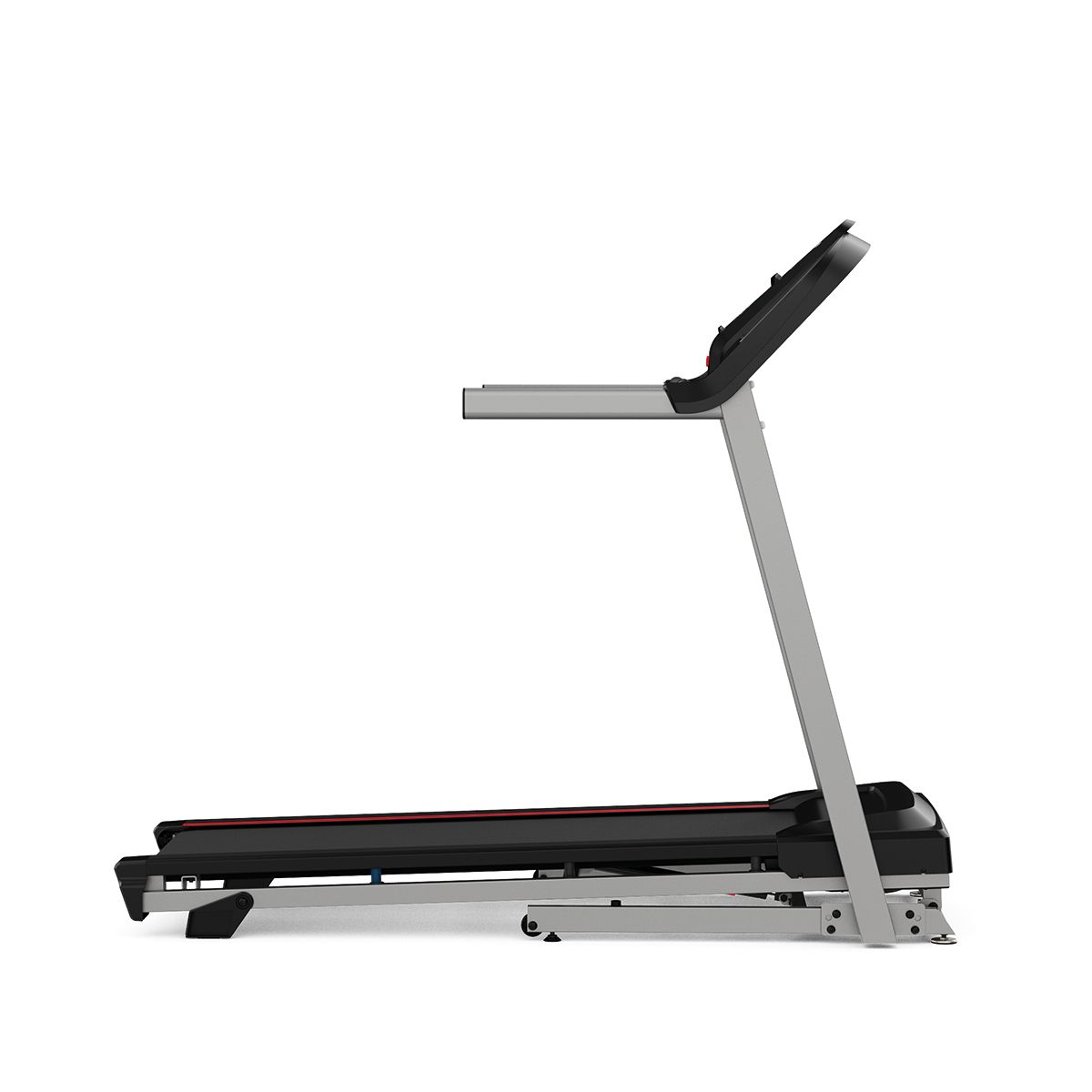 Vue latérale d'un tapis roulant noir et gris, console de commande. Appareil plié.