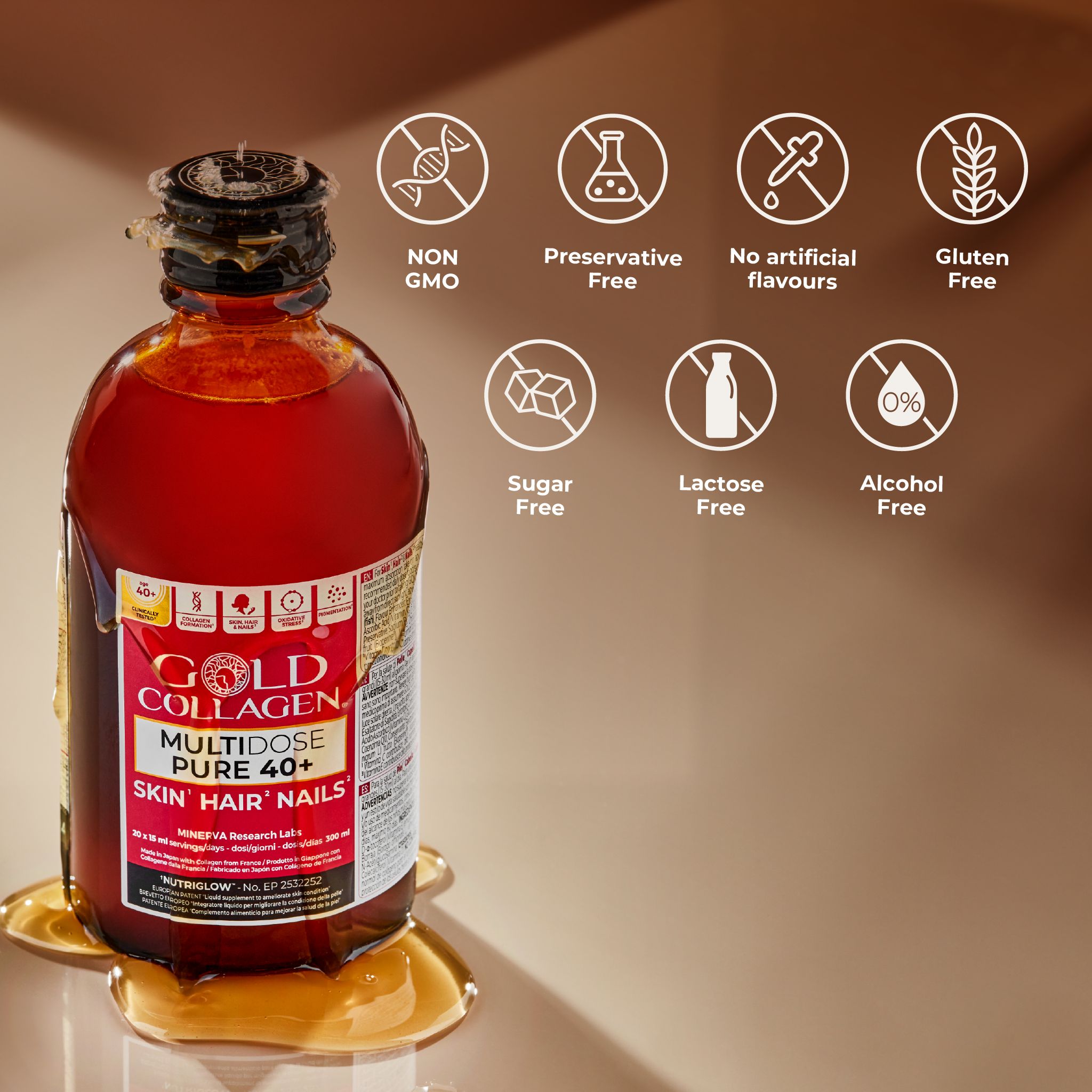 Bouteille Gold Collagen Multidose Pure 40+ avec symboles "sans".