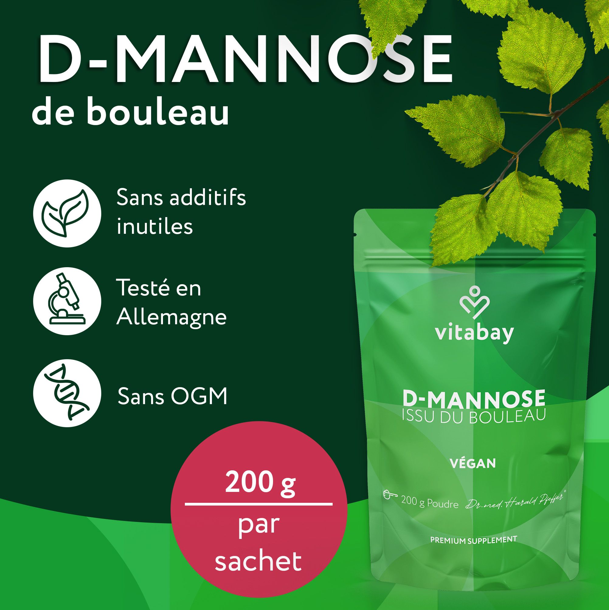 Sachet Vitabay D-Mannose de bouleau devant un bois de bouleaux, pour la routine quotidienne.