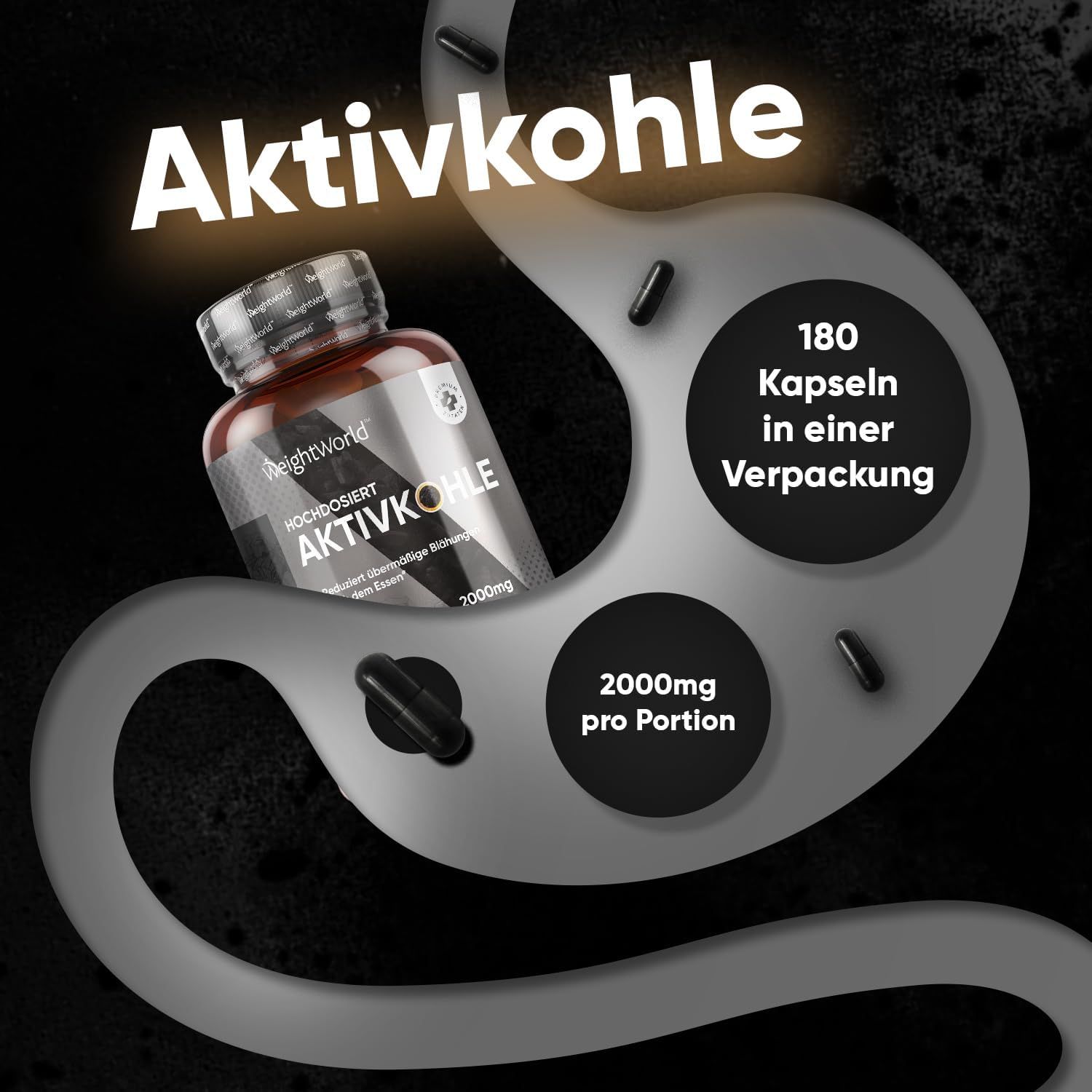 Bouteille de gélules de charbon actif dans une représentation stylisée de l'estomac.