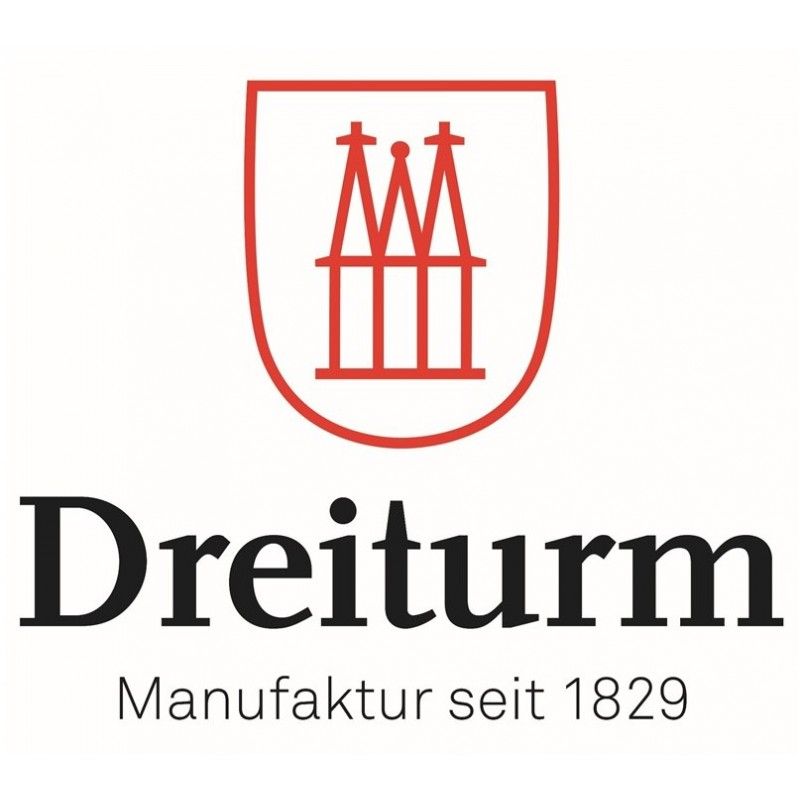 Logo DREITURM. Blason rouge avec tours. Inscription noire DREITURM. Texte: Manufaktur seit 1829.
