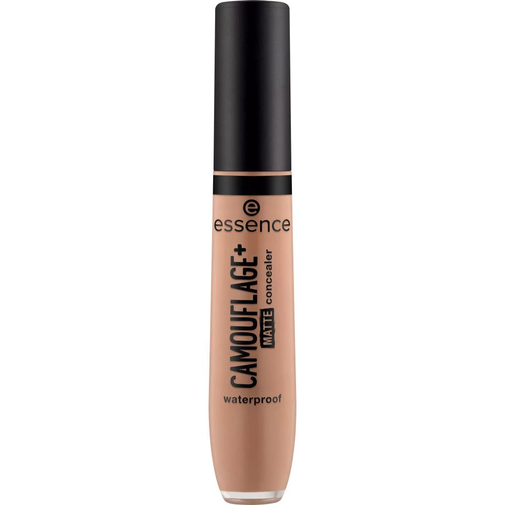 Tube de correcteur beige avec bouchon noir. Inscription: CAMOUFLAGE+ MATTE concealer waterproof. Marque: essence.