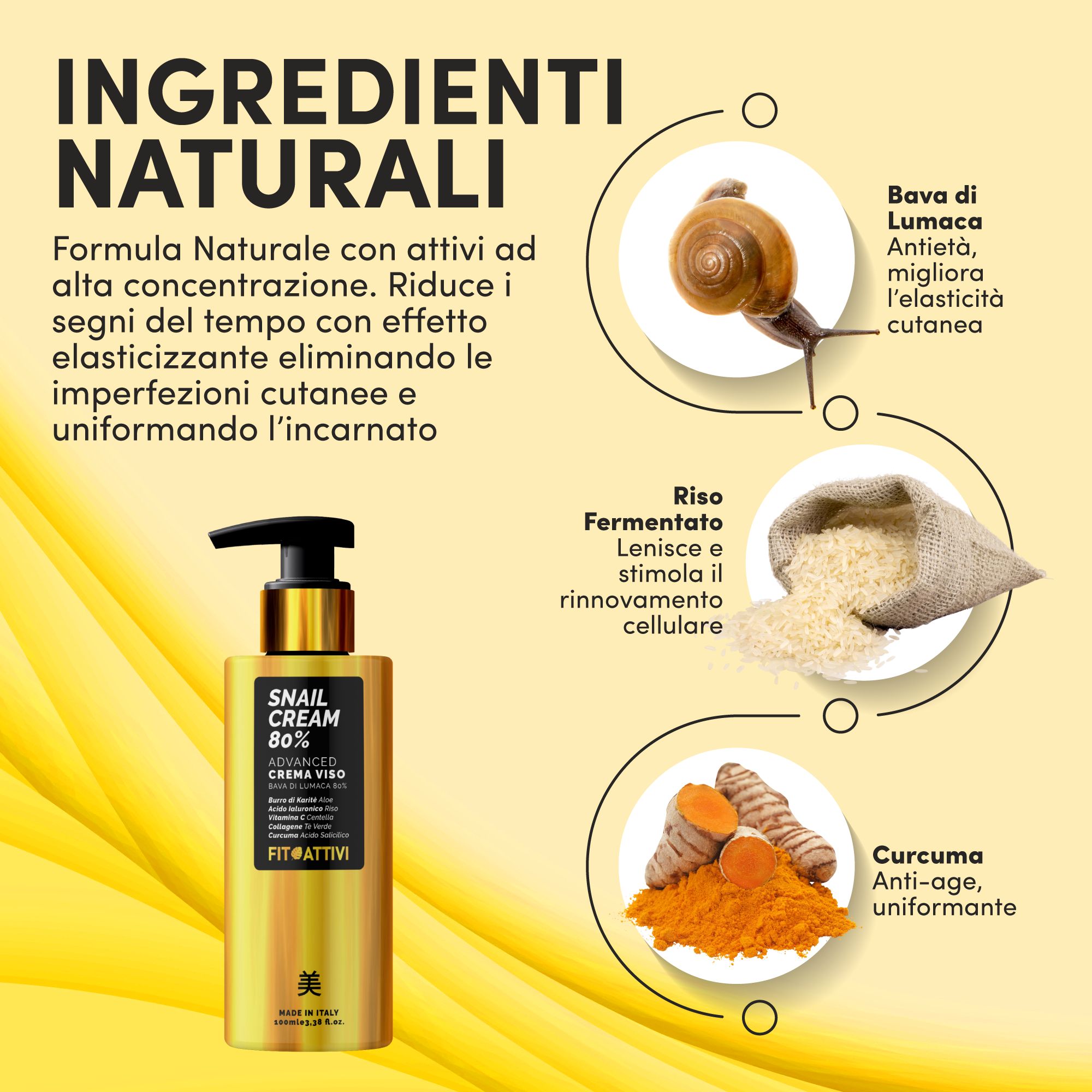 Crèmefles met pomp, 80% slakkenslijm. Natuurlijke ingrediënten: slakkenslijm, gefermenteerde rijst, kurkuma. Tekst: Snail Cream 80%.