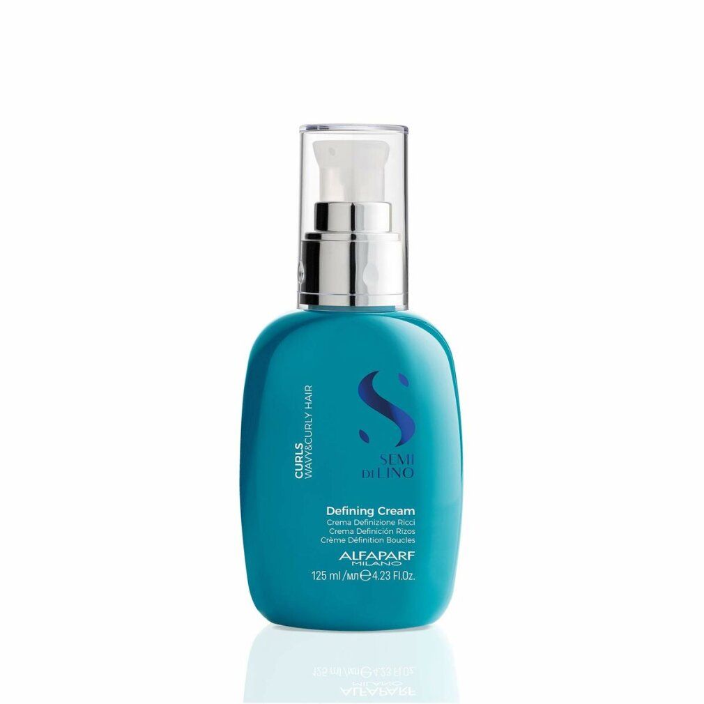 Flacon turquoise avec pompe. Inscription: Semi Di Lino, Defining Cream. 125 ml.