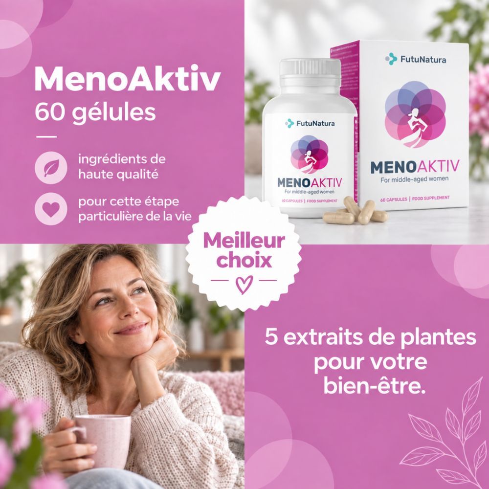 FutuNatura MenoAktiv : Femme, produit, 5 extraits de plantes pour le bien-être.