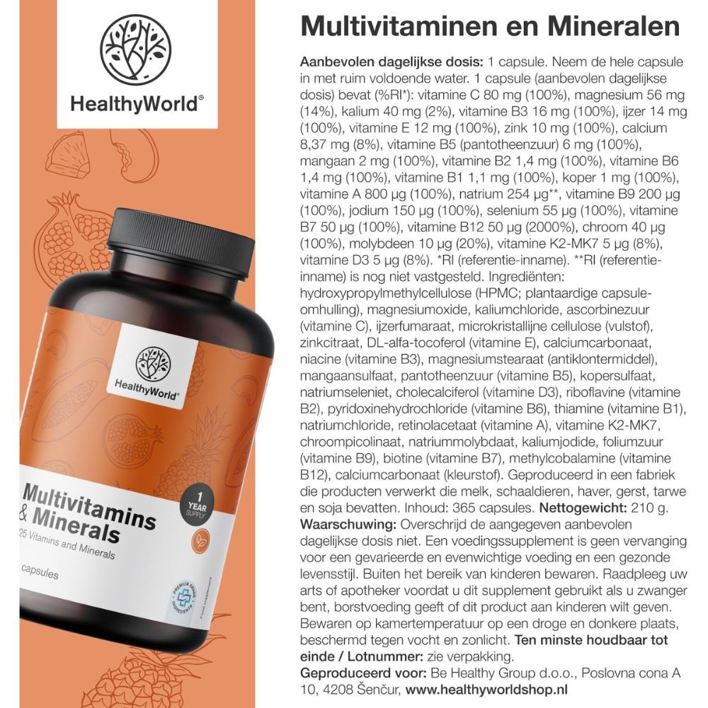 Fles met capsules. Opschrift: Multivitaminen en mineralen. 365 capsules. Logo: HealthyWorld.
