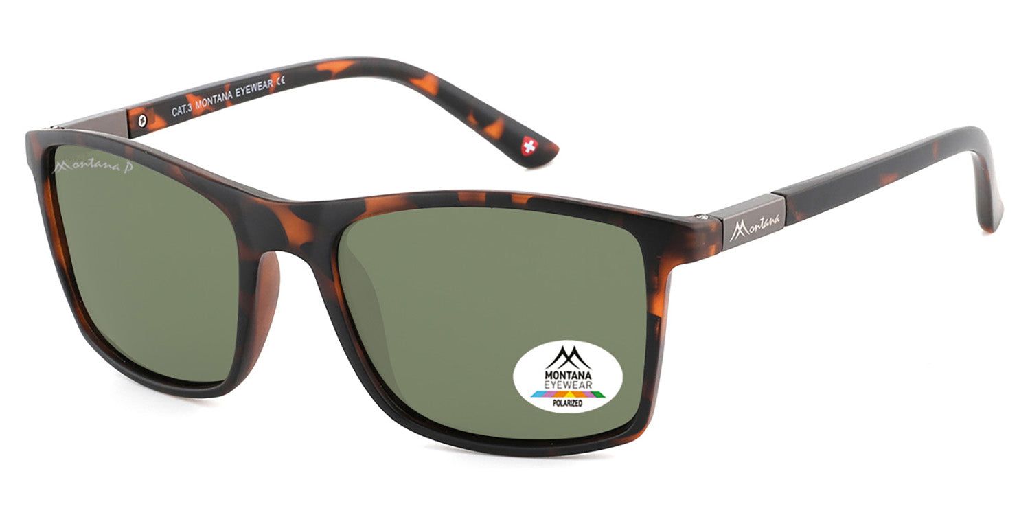Zonnebril met bruin montuur en groene glazen. Montana Eyewear logo op het glas. Zijaanzicht.