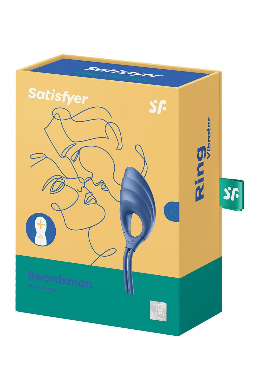 Satisfyer Swordsman Ring Vibrator in blauwe verpakking met grafische elementen.
