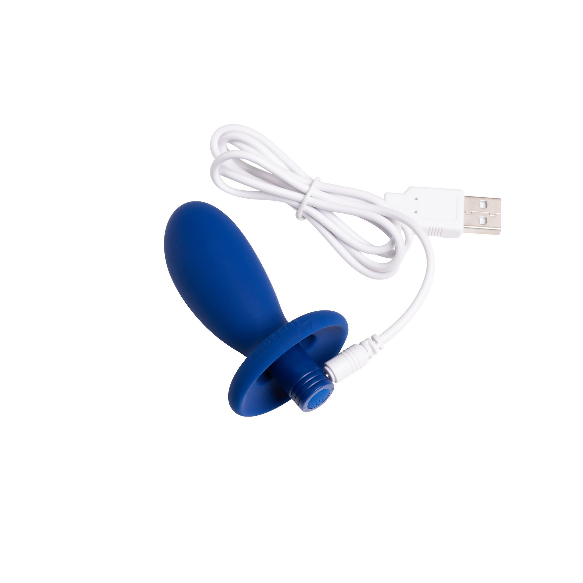 Blauwe anale plug met witte oplaadkabel. De kabel heeft een USB-aansluiting.