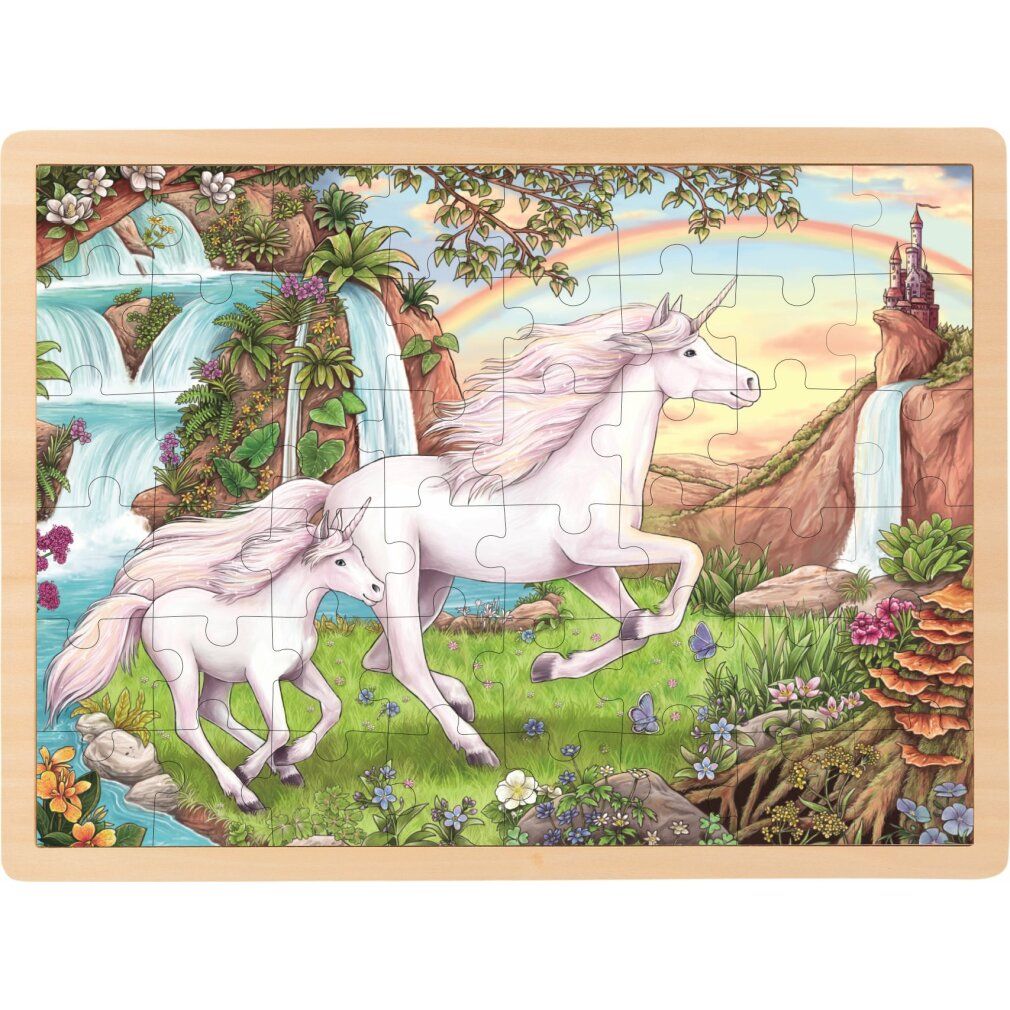 Houten puzzel van 48 stukjes. Afbeelding van twee eenhoorns in een landschap met watervallen en regenboog. Houten frame.